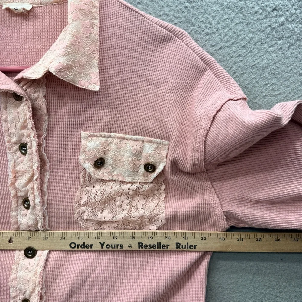 POL Patchwork Lace Dusty Pink Button Up Shirt Top Floral Oversized Boho Size S - Picture 3 of 13